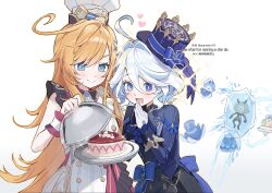  2girls ahoge ascot ayame_(ayameiro) blonde_hair blue_ascot blue_eyes blue_gem blue_hair blue_hat blue_jacket blush cake chef_hat drooling escoffier_(genshin_impact) food fruit furina_(genshin_impact) gem genshin_impact gentilhomme_usher gloves hat heterochromia highres hilichurl_(genshin_impact) holding holding_lid holding_plate jacket lid long_hair long_sleeves looking_at_object mademoiselle_crabaletta multicolored_hair multiple_girls open_mouth own_hands_together plate smile strawberry strawberry_cake streaked_hair surintendante_chevalmarin two-tone_hair upper_body white_background white_hair white_hat wrist_cuffs 