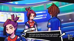  2boys ahoge antenna_hair artist_name black_hair blue_shirt brown_hair collarbone collared_shirt commentary cowboy_shot english_commentary english_text florian_(pokemon) frown highres jacket kieran_(pokemon) looking_at_another male_focus multiple_boys off_shoulder open_clothes open_jacket parted_lips persona pokemon pokemon_scarlet_and_violet purple_hair red_vest shirt shootingstareon short_hair sidelocks single_sidelock teeth user_interface vest white_jacket yellow_eyes 