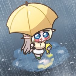  2girls alternate_costume blonde_hair blouse blue_eyes blush_stickers boots cerestia_of_life chibi chibi_only clooliss commentary_request elf highres holding_hands korean_commentary last_origin long_hair multiple_girls pointy_ears puddle rain raincoat rubber_boots shirt skirt triangle_mouth umbrella very_long_hair 