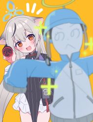  1girl :d absurdres animal_ear_fluff animal_ears aqua_hat aqua_jacket black_coat black_dress blue_archive blue_halo blurry brown_eyes china_dress chinese_clothes coat commentary_request depth_of_field dress frilled_skirt frills fur-trimmed_jacket fur_trim gameplay_mechanics grey_hair grey_trim hair_between_eyes halo hat head_tilt healing highres holding holding_stamp id_card ink_stamp jacket kokona_(blue_archive) long_hair long_sleeves looking_at_viewer multicolored_hair multicolored_jacket notice_lines open_clothes open_coat pelvic_curtain punapuraaa scarecrow shanhaijing_secondary_school_logo side_slit sidelocks simple_background skirt sleeveless smile solo streaked_hair tiger_ears tiger_girl white_jacket white_skirt yellow_background zipper zipper_pull_tab 