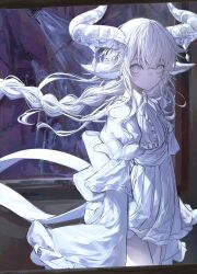  1girl absurdres animal_ears armband braid closed_mouth collar collared_dress commentary_request cowboy_shot dress earrings facing_to_the_side flat_chest frilled_armband frilled_dress frilled_sleeves frills hair_between_eyes highres hoop_earrings horns jewelry long_hair long_sleeves looking_at_viewer no_nose original pleated_dress pointy_ears ribbon sidelocks sleeves_past_fingers sleeves_past_wrists solo standing thighs very_long_hair watercolor_background white_dress white_eyes white_horns white_ribbon white_theme yagi_(yagi5art) 