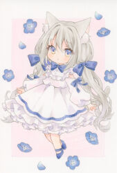  1girl animal_ear_fluff animal_ears blue_bow blue_bowtie blue_flower blue_shoes blush bow bowtie cat_ears cat_girl commentary deformed dress flower full_body grey_hair hair_bow highres long_hair long_sleeves looking_at_viewer marker_(medium) original shoes solo traditional_media very_long_hair watermark white_dress yuiki_(cube) 