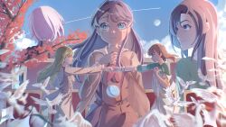  5girls absurdres autumn badge bird black_hair blue_eyes blue_sky braid brown_cardigan brown_hair button_badge cardigan center-flap_bangs closed_mouth clouds coat commentary_request fist_bump green_hair green_jacket grey_coat grey_sweater hasu_no_sora_school_uniform highres jacket kachimachi_kosuzu kachimachi_kosuzu_(winter_training_wear) link!_like!_love_live! long_hair love_live! multiple_girls murano_sayaka murano_tsukasa neckerchief ogami_sachi ogami_sachi_(post-graduation) open_cardigan open_clothes open_coat open_jacket piririi red_neckerchief ribbed_sweater school_uniform shirt side_braids sky sweater virtual_youtuber white_shirt yugiri_tsuzuri yugiri_tsuzuri_(post-graduation) 