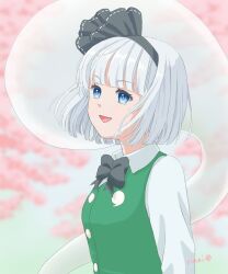  1girl black_bow black_bowtie black_hairband blue_eyes blurry bow bowtie breasts collared_shirt commentary_request depth_of_field green_vest grey_hair hairband hitodama hitodama_print kerria_rinai konpaku_youmu konpaku_youmu_(ghost) medium_breasts open_mouth shirt short_hair smile solo touhou upper_body vest white_shirt youmu_day 
