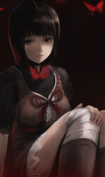  1girl absurdres amakura_mayu arm_at_side bandaged_leg bandages black_hair black_shirt black_socks bob_cut breasts brown_dress brown_eyes bug butterfly closed_mouth commentary dark_background dress expressionless fatal_frame fatal_frame_ii:_crimson_butterfly feet_out_of_frame fingernails gauss_<bokashi gradient_background hand_on_own_knee highres kneehighs knees looking_at_viewer medium_breasts partially_shaded_face pinafore_dress red_background red_butterfly red_ribbon ribbon shirt short_hair sitting sleeveless sleeveless_dress socks solo 
