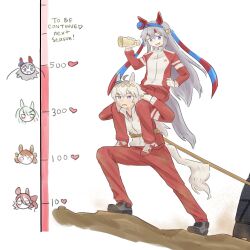  2girls absurdres ahoge animal_ears belno_light_(umamusume) bilingual_commentary black_shoes blue_eyes blue_hairband carrying commentary diamond_hairband ear_covers ear_ornament english_text fang fujimasa_march_(umamusume) hairband hand_on_own_hip headband heart highres holding holding_megaphone horse_ears horse_girl horse_tail jacket kiss_meter_(meme) long_hair looking_at_another megaphone meme mixed-language_commentary multiple_girls norn_ace_(umamusume) oguri_cap_(racehorse) oguri_cap_(umamusume) open_mouth oversized_object pants red_headband red_jacket red_pants red_shoes reo_000 rope_around_waist shoes shoulder_carry simple_background smile sneakers tail tamamo_cross_(racehorse) tracen_training_uniform track_jacket track_pants umamusume umamusume:_cinderella_gray unused_tire white_background 