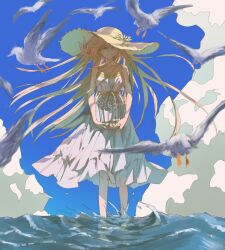  1girl bare_arms bare_legs bare_shoulders bird birdcage blonde_hair blue_eyes blue_sky butterfly_hair_ornament cage clouds commentary_request dress floating_clothes floating_hair flock flower frilled_dress frills grin hair_between_eyes hair_flower hair_ornament happy hat hat_flower highres holding holding_cage knees long_hair long_sidelocks medium_dress miracle_nikki nikki_(series) ocean pink_flower pink_rose pleated_dress rose seagull sidelocks sky sleeveless sleeveless_dress smile soaking_feet solo standing stylist_(nikki) sun_hat sundress uro_(uvxkf) very_long_hair white_dress white_flower white_hat wide_brim wind 