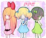  3girls bangs belt black_hair blonde_hair blossom_(ppg) bow bubbles_(ppg) buttercup_(ppg) child closed_eyes dress from_side green_eyes long_hair looking_at_viewer maako_(yuuyake.) multiple_girls open_mouth pink_eyes powerpuff_girls short_hair sleeveless sleeveless_dress socks stuffed_toy twintails 