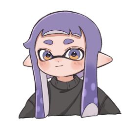  1girl black_sweater blush closed_mouth dot_nose inkling inkling_girl inkling_player_character kyu_r3 long_hair looking_at_viewer pointy_ears purple_hair simple_background solo splatoon_(series) splatoon_3 sweater tentacle_hair thick_eyebrows upper_body violet_eyes white_background 
