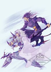  2boys armor beads cecil_harvey commentary_request fighting_stance final_fantasy final_fantasy_iv from_behind from_side hair_beads hair_ornament helmet highres holding holding_polearm holding_weapon kain_highwind male_focus medium_hair multiple_boys polearm purple_armor purple_helmet rakugaki_wanko shoulder_spikes spikes standing_on_weapon watermark weapon white_armor white_hair 