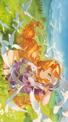  1girl absurdres aqua_eyes bare_shoulders beads belt beret bird black_bow black_shorts blue_sky bow chinese_commentary closed_mouth collar commentary_request day detached_collar dot_nose dove field finger_frame fingerless_gloves floating_hair flock full_body gloves grass hair_beads hair_bow hair_intakes hair_ornament hair_spread_out happy hat highres jewelry jin_zhou_chaofan lips long_hair looking_at_viewer low-tied_long_hair mountainous_horizon multiple_rings off-shoulder_shirt off_shoulder on_ground orange_hair outdoors purple_shirt ring shirt short_sleeves shorts sideways sigrika_(wuthering_waves) sitting sky smile solo tassel thigh_strap tree tri_braids two-tone_shirt very_long_hair white_belt white_collar white_gloves white_hat white_shirt wind windmill wrist_belt wristband wuthering_waves 