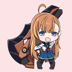  1girl ahoge arm_behind_head arm_up assault_lily asymmetrical_bangs black_choker black_gloves blonde_streaks blue_eyes blue_skirt bow bowtie brown_shoes chibi choker commentary_request frilled_skirt frills full_body gloves gumoyu hand_on_own_hip herensuge_girls_academy_school_uniform holding holding_behind_back holding_weapon_behind_back huge_weapon jacket kariya_higure light_blush looking_at_viewer miniskirt multicolored_hair open_mouth orange_hair pendant_choker pigeon-toed pink_background red_bow red_bowtie school_uniform shoes simple_background skirt solo standing streaked_hair v-shaped_eyebrows weapon white_jacket 