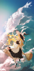  1girl 1zayoihypoxia absurdres apron black_hat black_shoes black_skirt black_vest blonde_hair bow braid broom broom_riding chinese_commentary clouds commentary_request facing_viewer full_body green_bow hair_bow hat hat_bow highres kirisame_marisa long_hair looking_at_viewer outdoors puffy_short_sleeves puffy_sleeves shoes short_sleeves side_braid single_braid skirt socks solo touhou very_long_hair vest waist_apron white_apron white_bow white_socks witch_hat 