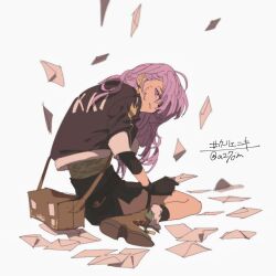  1girl ankle_socks asymmetrical_bangs bag black_gloves black_jacket black_skirt black_socks boots brown_bag brown_boots camouflage camouflage_shirt clothes_writing commentary_request copyright_name cropped_jacket cross cross_earrings earrings envelope fur-trimmed_boots fur_trim gloves green_shirt hair_over_one_eye high-waist_skirt highres holding holding_envelope jacket jewelry layered_sleeves leaning_forward long_hair looking_at_viewer looking_back microskirt miracle_nikki nikki_(series) open_clothes open_jacket open_mouth pleated_skirt purple_hair scar scar_on_face shirt shoulder_bag simple_background sitting skirt sleeve_cuffs smile socks solo stylist_(nikki) teeth thigh_strap three-quarter_sleeves twitter_username uro_(uvxkf) violet_eyes wariza wavy_hair white_background 