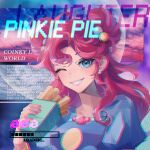 1girl alice_xjy blue_eyes character_name clouds english_text fingernails food hair_between_eyes highres holding looking_at_viewer my_little_pony my_little_pony_equestria_girls nail_polish one_eye_closed pink_hair pinkie_pie smile solo teeth 