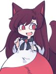 1girl animal_ears blush_stickers brown_hair dress fang fried_rice0614 highres imaizumi_kagerou long_hair long_sleeves one-hour_drawing_challenge open_mouth red_eyes simple_background smile solo tail touhou white_background white_dress wolf_ears wolf_tail 