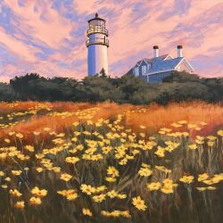  absurdres building clouds cloudy_sky evening field flower flower_field highres house jimmusilpainter lighthouse no_humans original outdoors scenery sky yellow_flower 