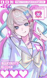  1girl :q absurdres blonde_hair blue_eyes blue_hair blue_sailor_collar bow chat_log chest_bow chouzetsusaikawa_tenshi-chan chromatic_aberration colored_tips cursor english_text fake_website hair_bow hand_up head_tilt highres looking_at_viewer multicolored_hair multiple_hair_bows needy_girl_overdose pien_cat_(needy_girl_overdose) pink_hair quad_tails sailor_collar sidelocks sparkle tongue tongue_out upper_body v window_(computing) zzielxx 