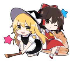  apron black_dress blonde_hair bow braid broom broom_riding brown_hair dress flying hair_bow hair_ribbon hair_tubes hakurei_reimu hat hat_ribbon kirisame_marisa lowres neckerchief nontraditional_miko red_dress red_shoes ribbon ribbon_braid sabusuke_t shoes single_braid star_(symbol) sticker_(medium) touhou witch witch_hat yellow_neckerchief 