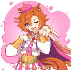  1girl absurdres animal_ears armor blush breasts cape crown fingerless_gloves gloves gold_corset hair_between_eyes highres horse_ears horse_girl horse_tail jewelry long_sleeves looking_at_viewer medium_breasts mini_crown multiple_rings one_eye_closed open_mouth orange_hair orange_tail pink_cape pink_crown ring shirt short_hair shoulder_armor single_fingerless_glove skirt smile solo t.m._opera_o_(o_sole_suo!)_(umamusume) t.m._opera_o_(umamusume) tail teeth two-tone_skirt umamusume upper_teeth_only violet_eyes voltzen white_shirt 