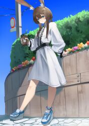  1girl absurdres amiya_(arknights) animal_ears anklet arknights blue_eyes blue_shoes brown_hair bush buttons center_frills cup day disposable_coffee_cup disposable_cup dress drink drinking_straw flower frills full_body hair_ornament hairclip highres holding holding_drink jewelry long_hair long_sidelocks long_sleeves outdoors pink_flower plant red_flower remapack77 shoes sidelocks sneakers solo standing white_dress white_shoes yellow_flower 