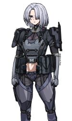 1girl ak-15_(girls'_frontline) ammunition_pouch armor artist_name black_pants black_shirt bulletproof_vest carvi_be_happy feet_out_of_frame girls'_frontline_2:_exilium girls_frontline grey_hair grey_vest hair_over_one_eye highres knife leg_armor navel pants pouch red_pupils sheath sheathed shirt short_hair shoulder_armor simple_background solo thigh_armor vest violet_eyes voymastina_(girls'_frontline_2) white_background 