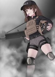  1girl aa-12 aa-12_(girls'_frontline) absurdres ammunition ammunition_belt ammunition_pouch assault_rifle baseball_cap battle_rifle belt black_belt black_eyes black_hat black_shirt body_armor brown_eyes brown_hair buckle bulletproof_vest collared_shirt feet_out_of_frame fog girls_frontline grey_shorts gun handgun hat highres holding holding_gun holding_weapon holster holstered k0ng knee_pads load_bearing_vest long_hair long_sleeves looking_at_viewer machine_gun magazine_(weapon) mouth_hold pouch pump_action rifle shirt short_shorts shorts shotgun shotgun_shell solo standing submachine_gun tactical_clothes thigh_holster thigh_pouch thigh_strap trigger_discipline unworn_hat unworn_headwear weapon 