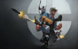  4boys arrow_(projectile) black_boots blu_engineer_(tf2) blu_scout_(tf2) blu_sniper_(tf2) blu_soldier_(tf2) blue_coat blue_shirt boots bow_(weapon) coat collared_shirt combat_helmet cowboy_hat engineer_(tf2) explosive firing game_cg gloves goggles grenade grey_pants gun hat helmet holding holding_bow_(weapon) holding_gun holding_rocket_launcher holding_weapon holding_wrench huntsman_(tf2) male_focus multiple_boys official_art overalls pants rocket rocket_launcher scout_(tf2) shirt short_sleeves single_glove sniper_(tf2) soldier_(tf2) standing team_fortress_2 third-party_source weapon white_hat wrench yellow_gloves 