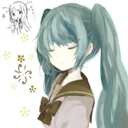  2girls artist_request bad_id bad_source bad_twitter_id black_ribbon blue_hair blush character_request closed_eyes colored_eyelashes colored_skin copyright_request hair_ornament hair_tie hairclip image_sample long_hair multiple_girls no_nose ribbon sailor_collar twintails twitpic_sample upper_body white_background white_skin 