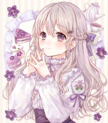  1girl beads blush bow braid brown_hair butterfly_earrings buttons cake cake_slice closed_mouth collared_shirt commentary_request cookie corset cross-laced_clothes cross-laced_corset cup diamond_hair_ornament dress_shirt earrings fingernails floral_print flower flower_ring food frilled_shirt_collar frills hair_beads hair_between_eyes hair_bow hair_ornament hair_over_shoulder hairclip half_up_braid hands_up highres jewelry long_hair looking_at_viewer macaron multicolored_nails multiple_rings nail_art nail_polish neck_ribbon original own_hands_together patch pink_nails pinky_ring purple_bow purple_corset purple_flower purple_nails purple_ribbon purple_shirt ribbon ring shirt shirt_tucked_in sleeve_ribbon smile solo steepled_fingers striped_background striped_bow striped_nails tea teacup teapot tententuyu upper_body vertical-striped_background violet_(flower) wavy_hair yellow_background 