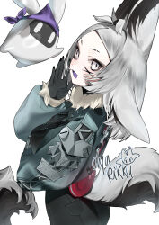  1girl animal_ears black_bodysuit black_pants bodysuit bodysuit_under_clothes chatblin_(dyarikku) colored_skin colored_tongue cosplay dyarikku dyarikku_(vtuber) facial_mark fox_ears fox_girl fox_tail grey_hair high-waist_shorts highres indie_virtual_youtuber jacket jane_doe_(zenless_zone_zero) jane_doe_(zenless_zone_zero)_(cosplay) looking_at_viewer medium_hair open_mouth pants purple_tongue self-portrait shorts skin_tight tail thighhighs_over_bodystocking very_long_ears virtual_youtuber x_(symbol) x_facial_mark 