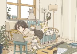  1girl acoustic_guitar animal barefoot black_eyes black_hair black_skirt bright_pupils cat clothed_animal commentary_request computer couch east_sha2 feet guitar headphones highres indoors instrument lamp laptop looking_at_viewer lying medium_hair on_couch on_stomach original pillow plant potted_plant rug skirt smile solo stool sweater the_pose white_pupils window wooden_floor 
