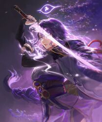  1girl absurdres armor arms_up blunt_bangs braid bridal_gauntlets chinese_commentary electricity genshin_impact glowing glowing_sword glowing_weapon hair_ornament highres japanese_clothes katana kimono lingerie long_braid looking_at_viewer looking_to_the_side mitsudomoe_(shape) multicolored_hair musou_isshin_(genshin_impact) parted_lips purple_background purple_hair purple_kimono qingci735 raiden_shogun red_lips red_sash sash shoulder_armor single_braid solo streaked_hair sword tomoe_(symbol) underwear upper_body violet_eyes weapon 