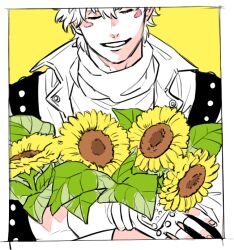  1boy battle_tendency border bouquet caesar_anthonio_zeppeli chuu_ni closed_eyes commentary_request facial_mark fingerless_gloves flower gloves grin holding holding_bouquet jacket jojo_no_kimyou_na_bouken leaf male_focus plant scarf short_hair smile solo sunflower upper_body white_border yellow_background yellow_flower 