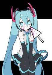  1girl ahoge aqua_eyes aqua_hair aqua_necktie aqua_trim belt black_skirt black_sleeves black_thighhighs blood commentary cowboy_shot cursor detached_sleeves grey_shirt hatsune_miku headset highres horns letterboxed long_hair miniskirt necktie number_tattoo pale_skin pink_blood pleated_skirt red_horns shirt skirt solo split_dance_(vocaloid) square_hair_ornament standing tattoo thigh-highs tie_clip twintails untranslatable_commentary very_long_hair vocaloid wide-eyed yagidon 