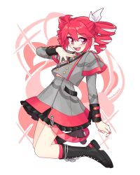  1girl ahoge artist_name black_boots blush boots bow buttons double-breasted drill_hair english_commentary frills full_body grey_jacket grey_skirt hair_between_eyes hand_on_own_chest highres jacket kasane_teto kasane_teto_(sv) lace-up_boots layered_skirt long_sleeves looking_at_viewer midriff_peek musical_staff nail_polish open_mouth papipomelo red_eyes red_hair red_nails red_trim shoulder_belt shoulder_boards sidelocks simple_background skirt smile solo sparkle striped_clothes striped_skirt synthesizer_v teeth twin_drills upper_teeth_only utau white_background white_bow 