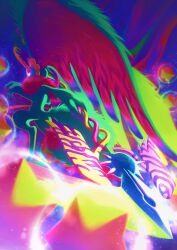  abstract_background antlers artycharmy fecto_elfilis from_behind furry glowing glowing_eye highres holding holding_polearm holding_weapon horns kirby_(series) kirby_and_the_forgotten_land polearm solo star_(symbol) tail weapon wing_ears 