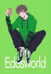  1boy adapted_costume animification antenna_hair bad_id bad_twitter_id bishounen black_pants blush bonudun brown_hair can coca-cola commentary_request copyright_name drawstring drink_can edd_(eddsworld) eddsworld film_grain full_body green_background green_eyes green_hoodie grin highres holding hood hood_down hoodie indian_style layered_sleeves long_sleeves looking_at_viewer male_focus pants shoes short_hair short_over_long_sleeves short_sleeves simple_background sitting smile sneakers solo striped_sleeves swept_bangs 