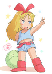  1girl arinsu_(kodamamaimai) belt blonde_hair blue_eyes blue_shorts blue_tank_top blush_stickers boots bow bow_hairband child commentary_request full_body gundam hair_bow hairband hand_up haro kikka_kitamoto long_hair mobile_suit_gundam musical_note navel non-humanoid_robot open_mouth outstretched_arm red_belt red_boots red_hairband robot shorts smile solo_focus spoken_musical_note tank_top v 