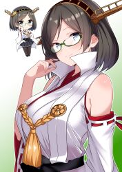 1girl absurdres adjusting_eyewear bare_shoulders black_hair black_pantyhose breasts brown_hair detached_sleeves dual_persona full_body glasses gradient_background green-framed_eyewear green_background hair_ornament hairband headgear highres himura_moritaka japanese_clothes kantai_collection kirishima_(kancolle) kirishima_kai_ni_(kancolle) mini_person nontraditional_miko pantyhose ribbon-trimmed_sleeves ribbon_trim short_hair smile upper_body 