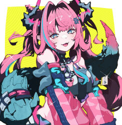  1girl arknights arknights:_endfield bare_shoulders black_horns blue_eyes blue_hair border commentary detached_sleeves hair_intakes hair_ornament highres horns long_hair long_sleeves looking_at_viewer multicolored_hair open_mouth outside_border pink_hair pink_horns pink_sleeves see-through_clothes see-through_sleeves smile solo sparkle streaked_hair tail tail_raised upper_body white_border yellow_background yukaocchi yvonne_(arknights) 