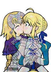  2girls ahoge am0930 armor armored_dress artist_name artoria_pendragon_(fate) black_corset blonde_hair blue_dress blue_ribbon blush braid braided_bun breastplate capelet chain closed_eyes closed_mouth corset cowboy_shot dress excalibur_(fate/stay_night) fate/grand_order fate/stay_night fate_(series) gauntlets green_eyes grey_armor hair_between_eyes hair_bun hair_ribbon hands_on_another's_shoulders hands_up headpiece holding holding_sword holding_weapon jeanne_d'arc_(fate) jeanne_d'arc_(ruler)_(fate) juliet_sleeves kiss long_hair long_sleeves looking_at_another low-braided_long_hair low-tied_long_hair multiple_girls puffy_sleeves purple_capelet purple_dress ribbon saber_(fate) short_hair sidelocks simple_background single_braid smile standing surprise_kiss surprised sword teeth watermark weapon white_background wide-eyed yuri 