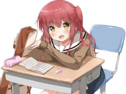  1girl :d absurdres black_skirt blush bocchi_the_rock! brown_sweater chair commentary_request cowboy_shot crossed_arms desk eraser guitar_case hair_between_eyes highres holding holding_pen instrument_case kaorun_(momiji_hourensou) kita_ikuyo leaning_forward long_hair looking_at_viewer miniskirt on_chair one_side_up open_mouth pen pleated_skirt red_hair sailor_collar school_chair school_desk school_uniform serafuku sidelocks simple_background sitting skirt sleeves_past_wrists smile solo sweater white_background white_sailor_collar yellow_eyes yellow_pupils 
