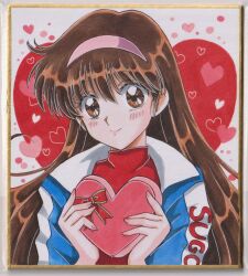 1girl blue_jacket blush box box_of_chocolates brown_eyes brown_hair character_name chikoto_(kztc4472) closed_mouth commentary eyes_visible_through_hair future_gpx_cyber_formula hair_between_eyes hair_over_eyes hairband heart heart-shaped_box heart_background highres holding holding_box jacket multicolored_jacket photo_(medium) picture_frame pink_hairband print_jacket red_shirt shirt sidelocks smile solo straight-on sugou_asuka traditional_media two-tone_jacket upper_body valentine white_background white_jacket wispy_bangs 