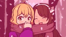  2girls ^_^ ahoge artist_name blonde_hair blush brown_hair brown_sweater closed_eyes covered_mouth cyanaqua english_commentary hairband highres long_sleeves maribel_hearn multiple_girls open_mouth purple_sweater red_scarf scarf shared_clothes shared_scarf snowing sweater swept_bangs teeth touhou upper_teeth_only usami_renko white_hairband winter_clothes yellow_eyes 