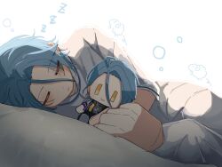  1boy blue_hair blush character_doll closed_eyes commentary_request doll ensemble_stars! eyes_visible_through_hair hair_between_eyes highres himeru_(ensemble_stars!) holding holding_stuffed_toy hospital_gown long_hair_between_eyes lying male_focus oishii_gohan on_side pants parted_lips shirt short_hair simple_background sleeping solo squeans stuffed_toy tojo_kaname white_background white_pants white_shirt zzz 