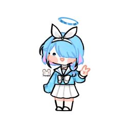  1girl aqua_shirt arona_(blue_archive) blue_archive blue_eyes bow bowtie chibi chibi_only commentary hair_ribbon halo moricho ribbon shirt simple_background skirt socks solo untranslatable_commentary v white_background white_bow white_ribbon white_skirt white_socks 