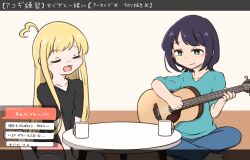  2girls ahoge barefoot black_shirt blonde_hair blush chat_log cho_kaguya-hime! closed_eyes coffee_table collarbone commentary_request cup fink green_eyes green_shirt guitar heart heart_ahoge highres holding holding_instrument instrument kaguya_(cho_kaguya-hime!) livestream long_hair medium_hair mole mole_under_eye multiple_girls music pink_shorts playing_guitar playing_instrument sakayori_iroha shirt short_sleeves shorts sitting table translation_request 