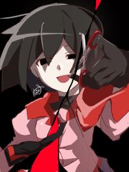  1girl :d artist_name black_background black_eyes black_gloves black_hair black_necktie black_shirt bob_cut breasts collared_shirt commentary crack cracked_screen cutting dress_shirt empty_eyes floating_neckwear fourth_wall gloves hair_between_eyes hand_up highres holding holding_scissors juliet_sleeves long_sleeves looking_at_viewer monogatari_(series) nano-tan_(sakuta_sakuzi) naoetsu_high_school_uniform narrowed_eyes necktie open_mouth oshino_ougi pale_skin pink_shirt pleated_skirt puffy_long_sleeves puffy_sleeves purple_skirt red_background red_trim school_uniform scissors shaded_face shirt short_hair signature sketch skirt small_breasts smile solo turtleneck undershirt upper_body wind 