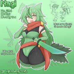  1girl :d armband bare_shoulders black_bodysuit black_pantyhose blush bodysuit boots breasts bridal_gauntlets cape character_profile chibi chibi_inset clenched_hands cowboy_shot cropped_legs elbow_gloves english_text fingerless_gloves gloves green_armband green_background green_boots green_gloves green_hair green_leotard green_tail hair_ears happy head_tilt highres holding holding_sword holding_weapon humanization leotard lightning2195 long_bangs looking_at_viewer medium_breasts messy_hair original pantyhose pokedex_number pokemon pokemon_(creature) red_cape red_scarf rock_paper_scissors scarf sceptile see-through_clothes sleeveless smile solo sword tareme thick_thighs thigh_boots thighs twitter_username unkempt upper_body weapon yellow_eyes 